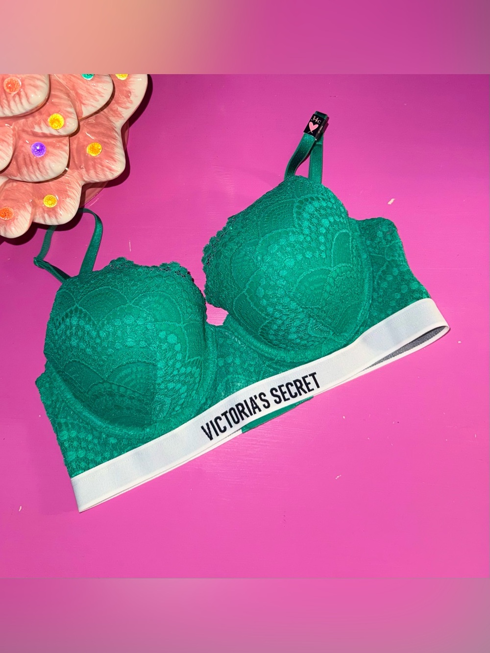Victorias Secret Perfect Shape Push up bra lace green 34C NWT logo band